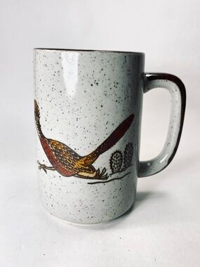 Vintage MCM Otagiri Speckled Roadrunner Bird Cactus Desert Stoneware Tall Mug